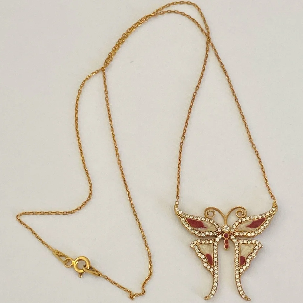 925 Silver butterfly necklace handmade enamel cz stones 18k yellow gold plated